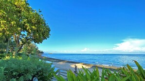 A beach with clear blue water, a sandy shore, and lush greenery.
