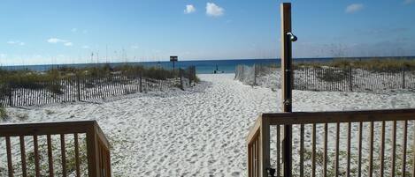 On the beach, sun loungers, beach towels