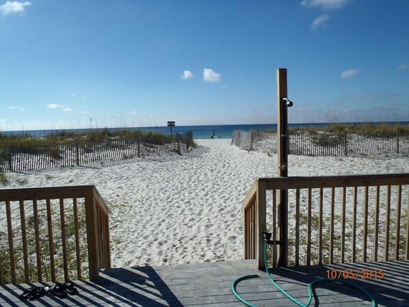 On the beach, sun-loungers, beach towels
