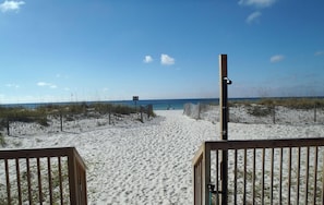 On the beach, sun-loungers, beach towels