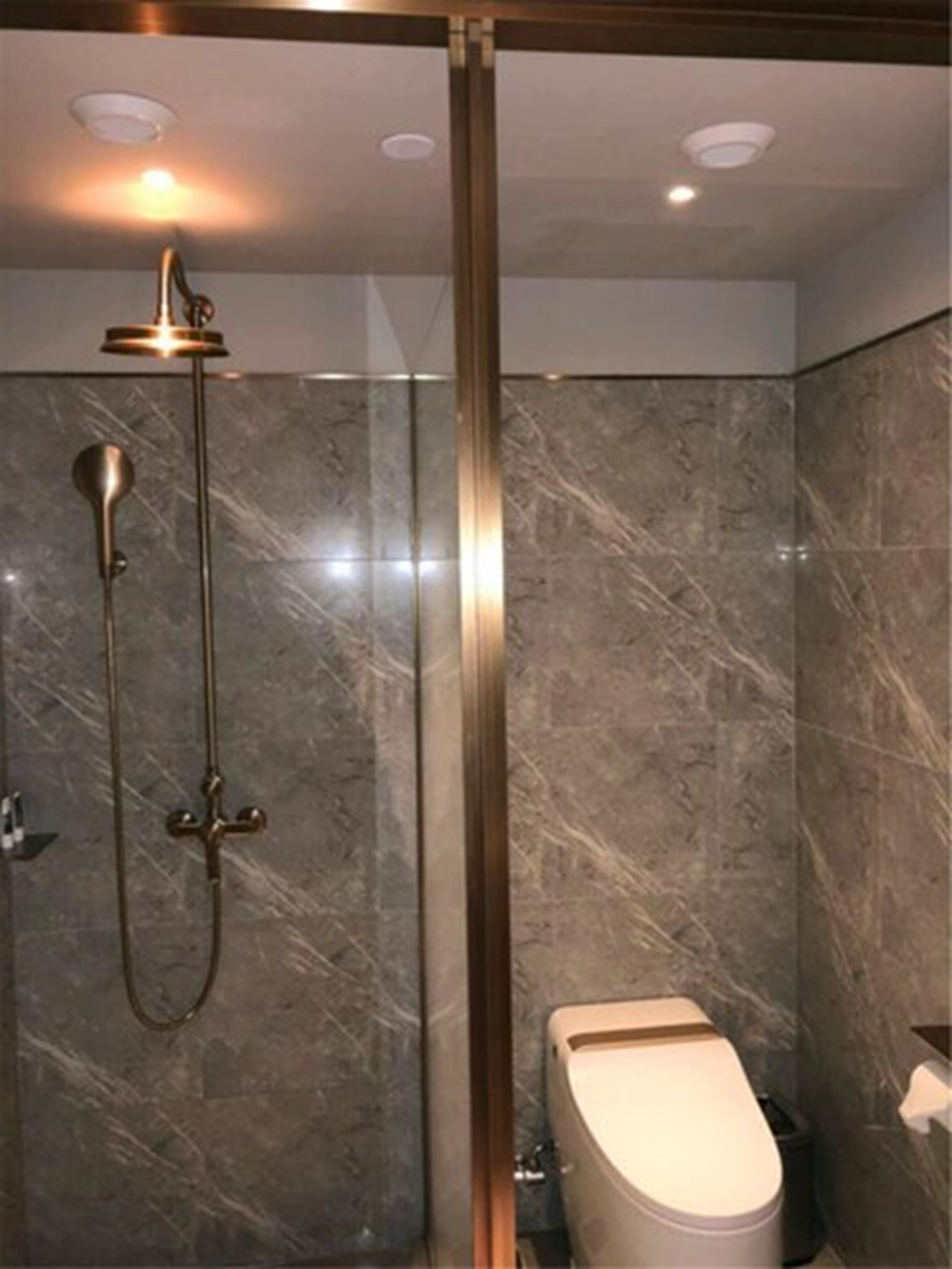 shower, rainfall showerhead, hair dryer, slippers