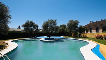 Une piscine aux bords ondulés, entourée d’arbres, avec un bâtiment visible au loin.