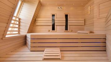 A wooden sauna with benches, a skylight, and a small window.