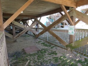 A wooden structure with a metal fence and a sign requesting pet owners to clean up after their pets. - Last Minute, low price/Great Ocean view/ Pool/ Ping Pong table/Fenced pet area (Nags Head)
