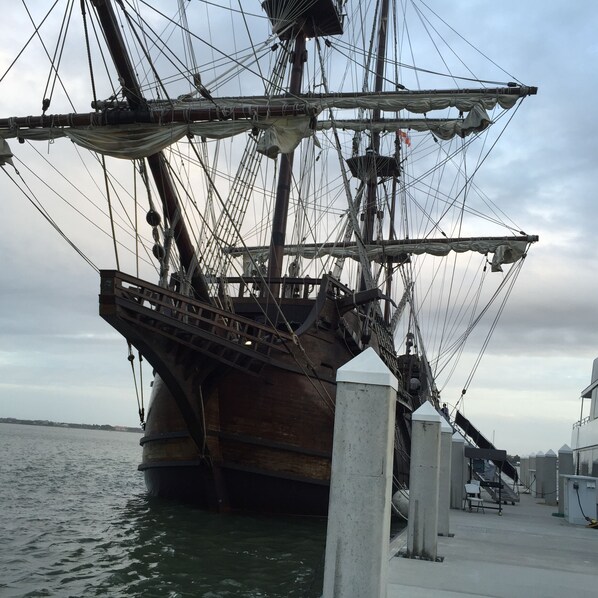 A large ship docked at a pier with visible masts and rigging. - F2, Downtown St. Augustine, POOL, beaches, spacious, free onsite parking! (Saint Augustine)