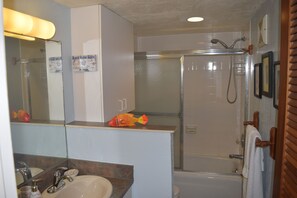 Hair dryer, towels, soap, shampoo - Oceanfront Condo: Four Steps to Beautiful Sugar Beach (Christiansted)