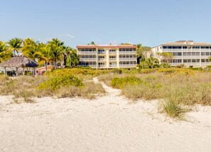 Ein Strandhotel mit einem zentralen Gebäude, Palmen und einem Gebäude mit einem Reetdach.