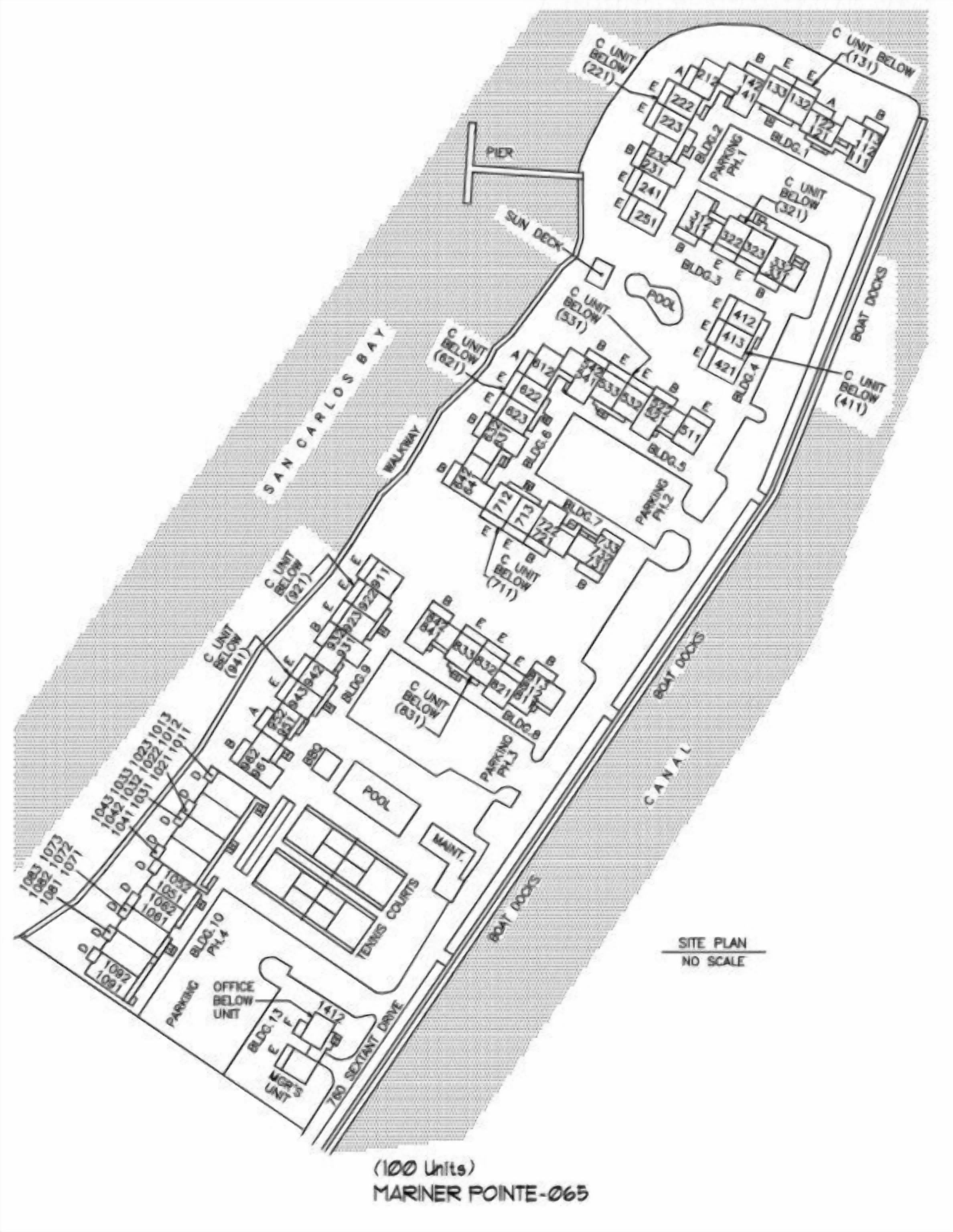 A site plan of Mariner Pointe-065 with 100 units, including a pool, parking, and a canal.