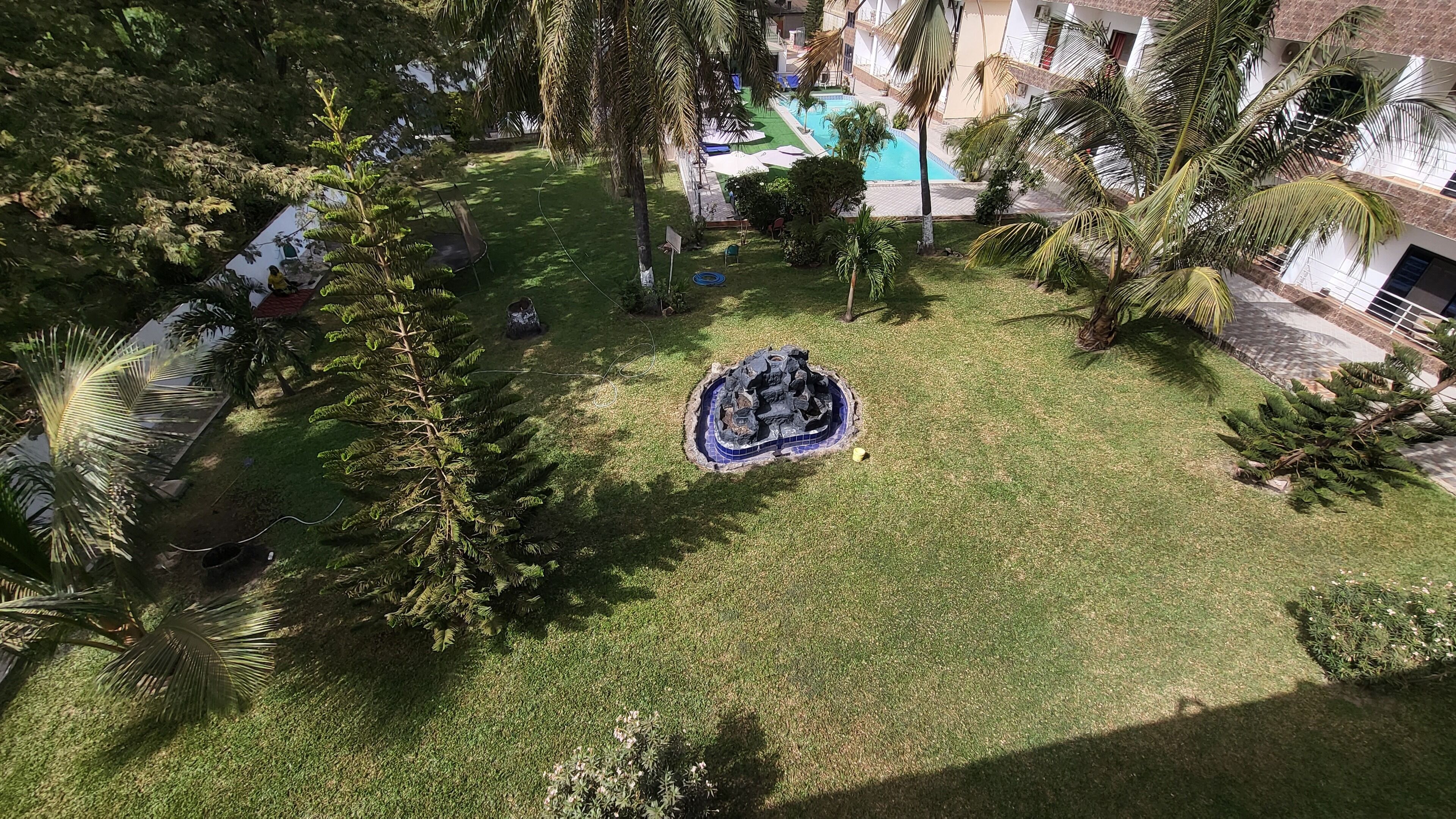 A courtyard with a small rock feature, surrounded by grass and palm trees.