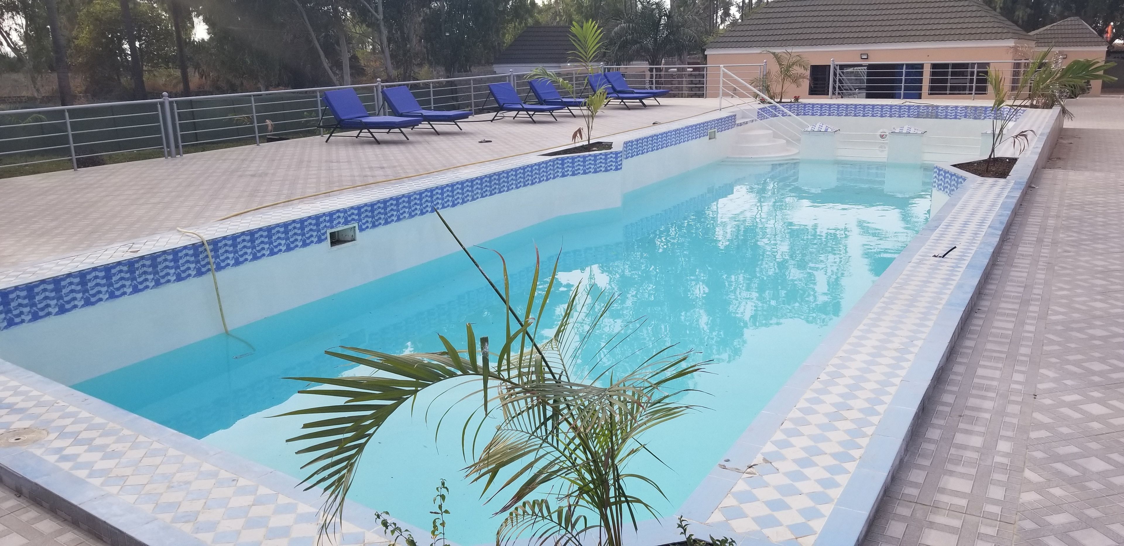 A swimming pool with blue and white tiled edges, surrounded by lounge chairs and a tiled deck.
