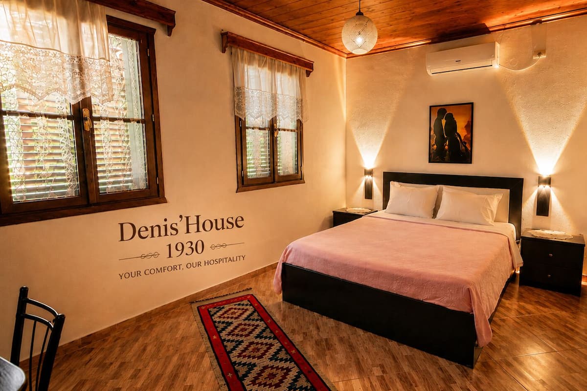 Un dormitorio con una cama, mesitas de noche, una alfombra y una pared con texto.