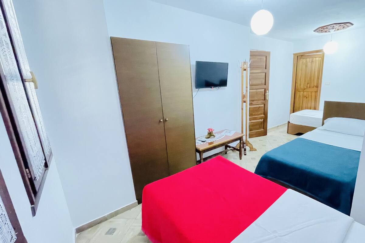 Una habitación con dos camas, un armario, un televisor y una puerta de madera.