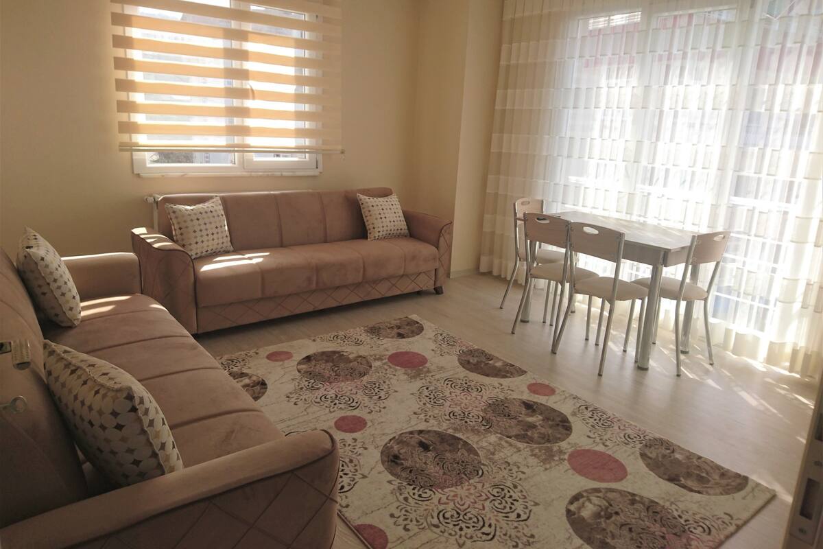 A living room with a sofa, a dining table with chairs, a patterned rug, and a window with blinds.