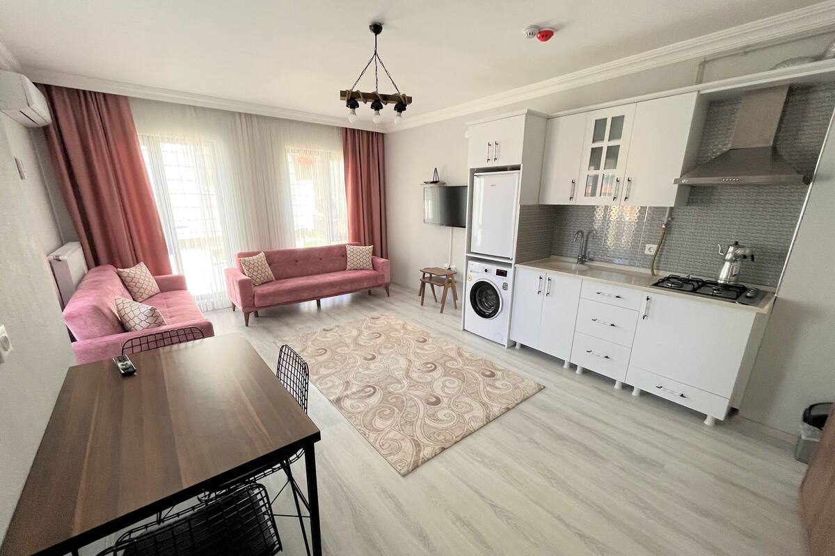 A compact living space with a kitchenette, a sofa, a dining table, and a washing machine.