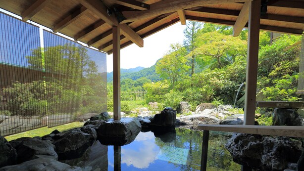 Een traditionele Japanse tuin met een vijver, rotsen en een houten constructie.