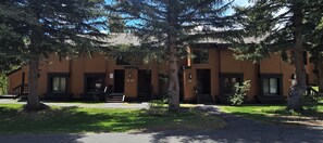 A building with multiple windows and doors, surrounded by trees.