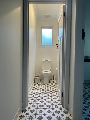 Combined shower/bathtub, hair dryer, towels, soap