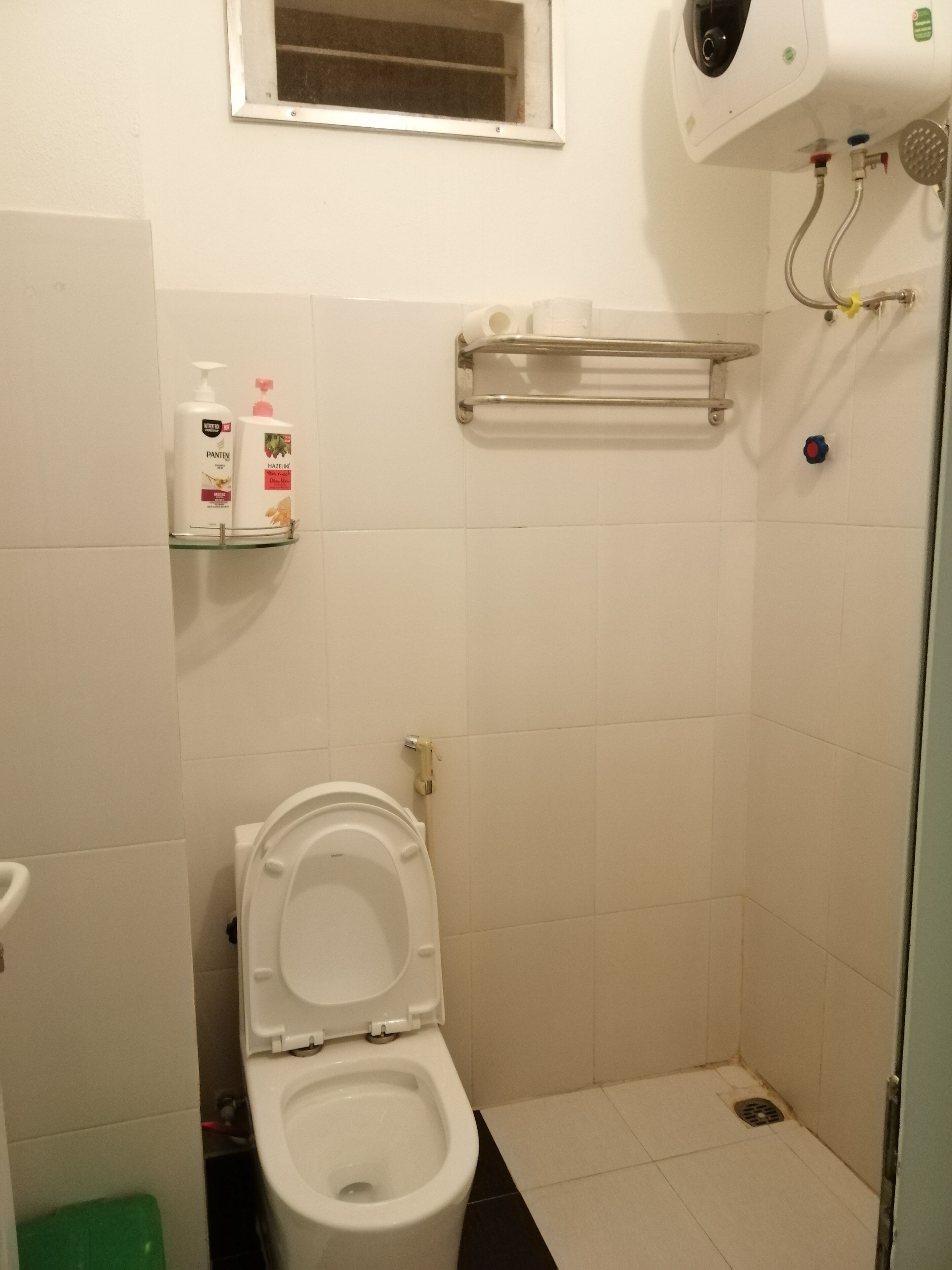 A small, white bathroom with a toilet, a shelf with toiletries, and a shower area.