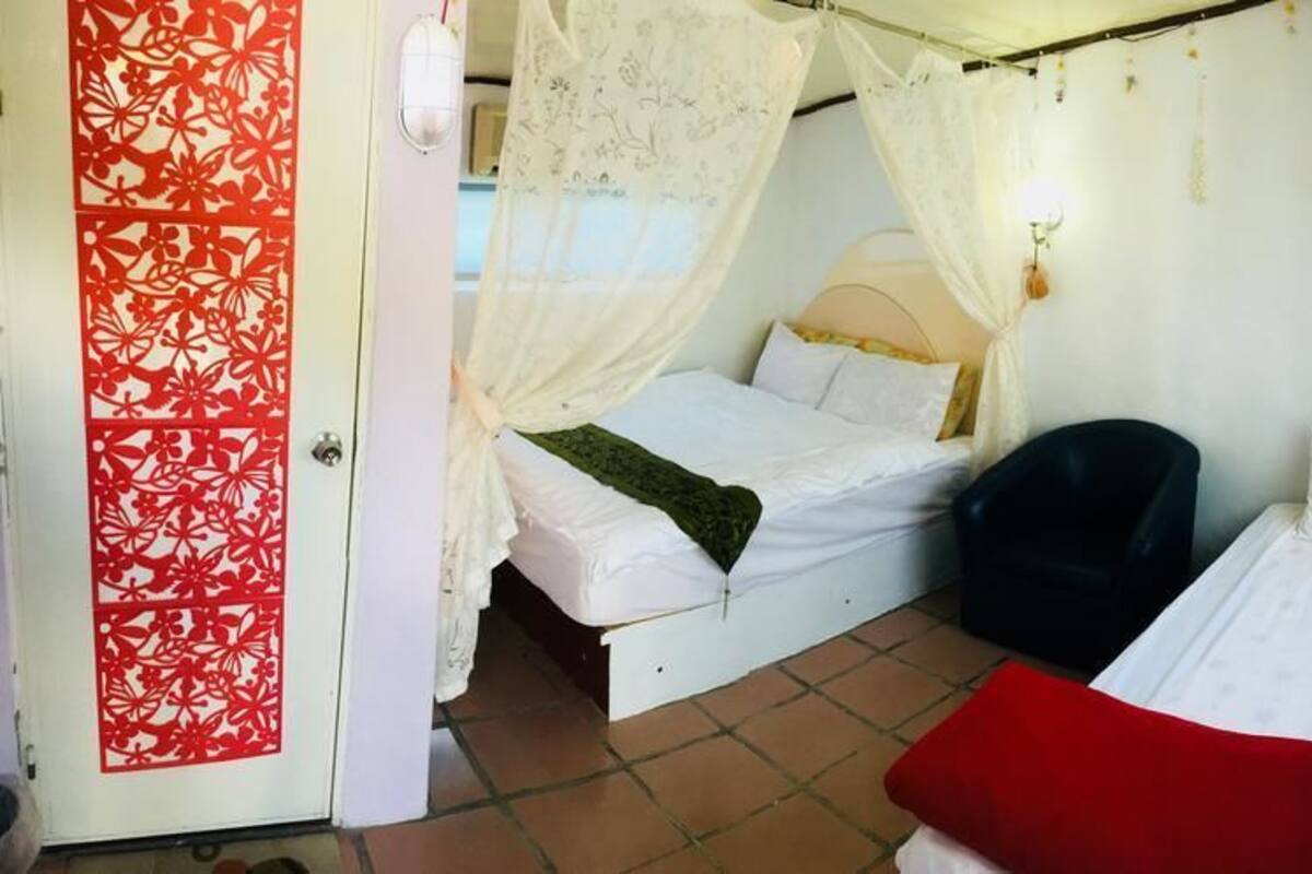 A room with two beds, one with a canopy, a chair, and a door with red floral patterns.