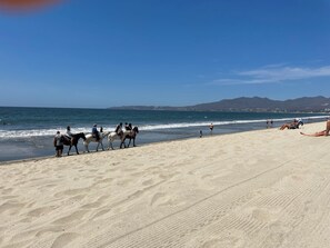 A beach with people walking horses and others sitting on the sand.