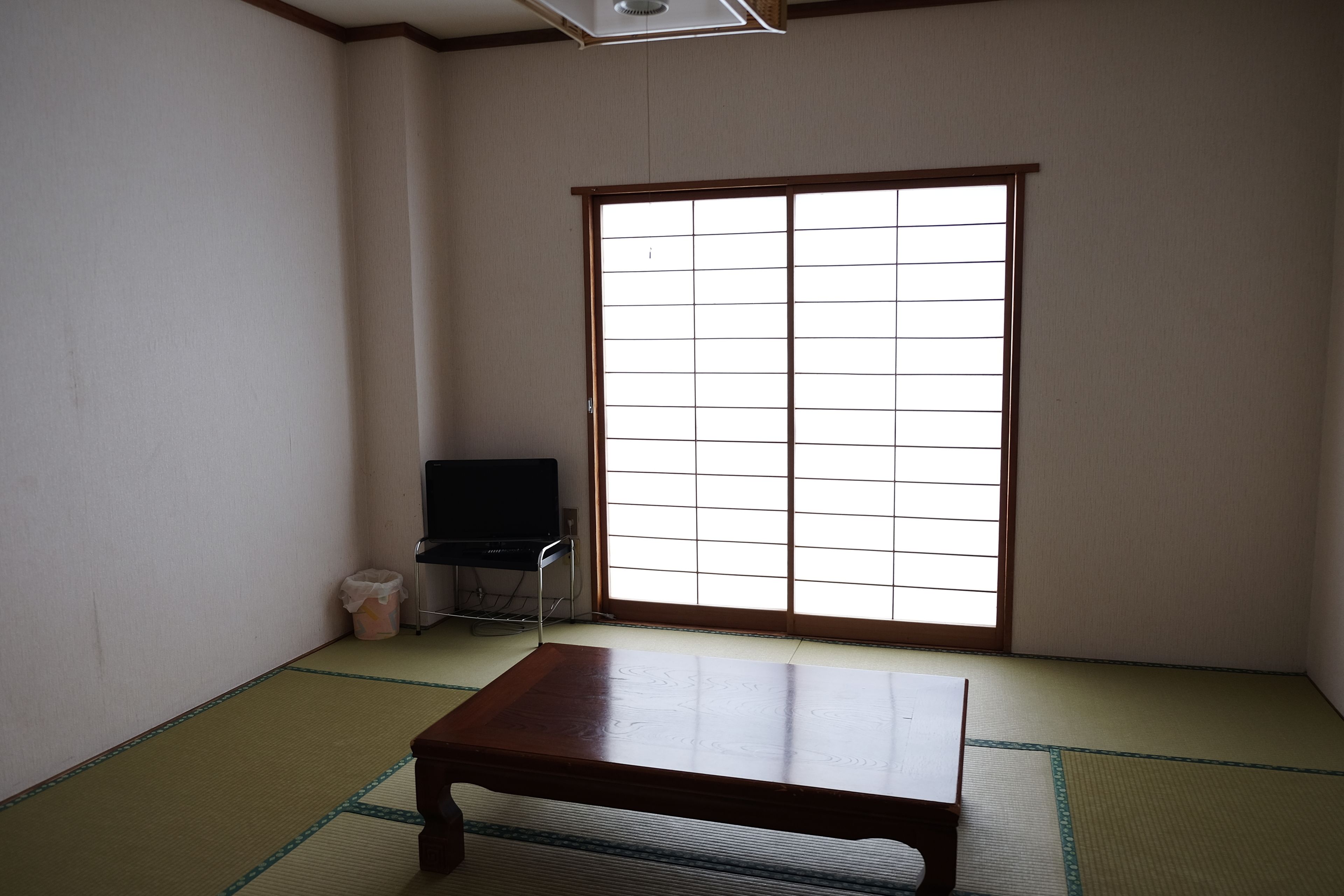 A room with tatami flooring, a sliding shoji screen, a television, and a small trash bin.