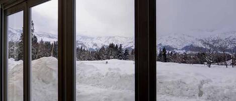 A view through a window with a snowy landscape, including mountains and trees.