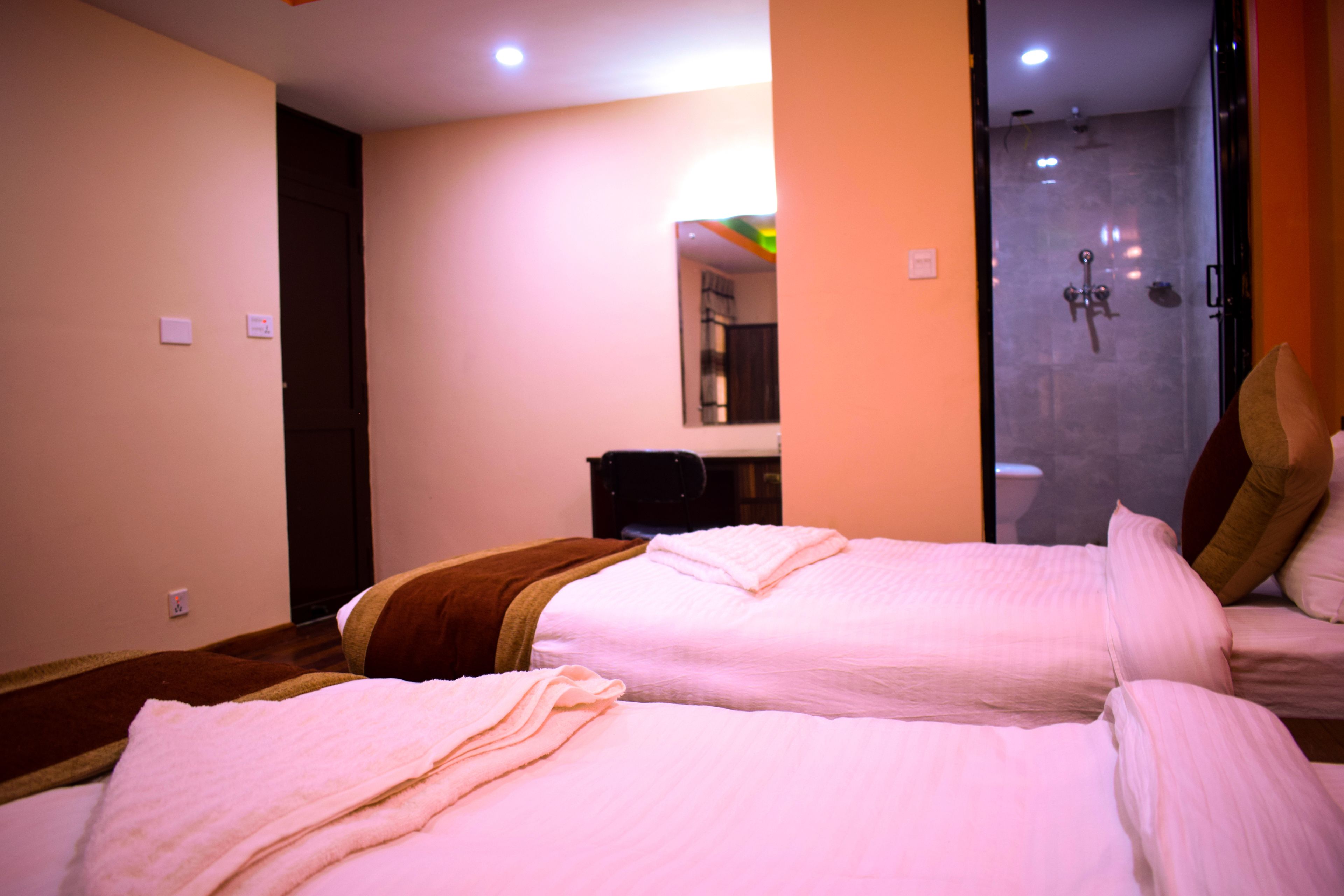 Une chambre d’hôtel avec deux lits, un espace douche et un petit bureau.