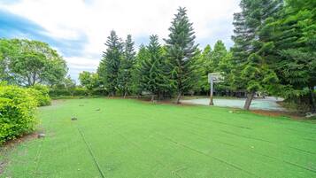 A well-maintained grassy area with trees and a basketball hoop.