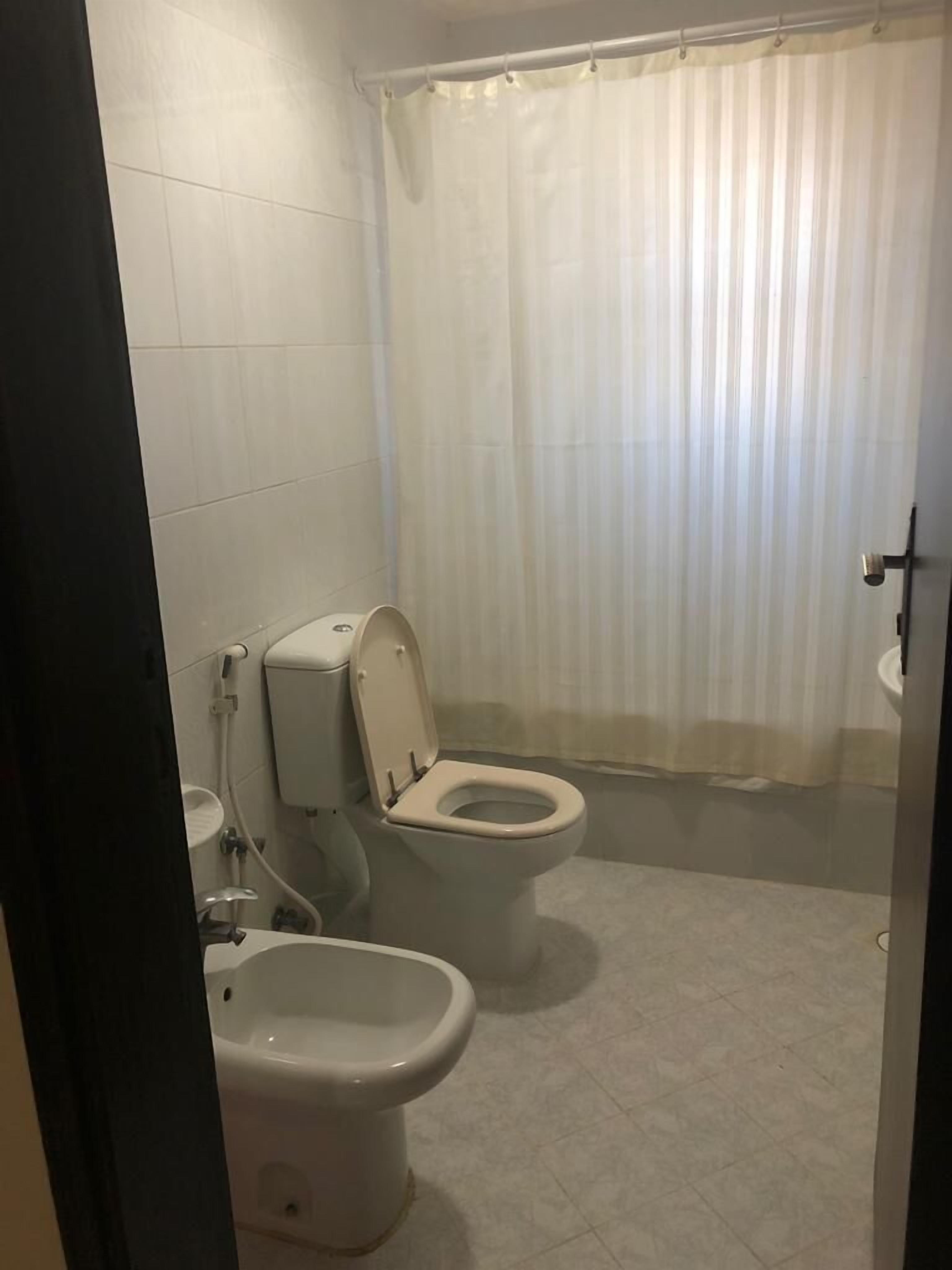Une salle de bain équipée de toilettes, d’un bidet et d’un rideau de douche.