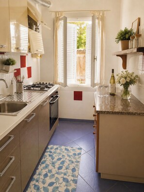 Una cocina compacta con estufa a gas, pileta y una ventana con cortinas.