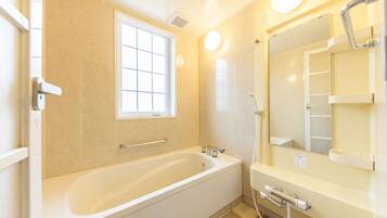 Combined shower/bathtub, free toiletries, hair dryer, slippers