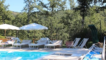 Seasonal outdoor pool, pool umbrellas, pool loungers