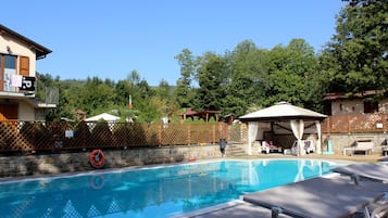 Sæsonbestemt udendørs pool, parasoller, liggestole