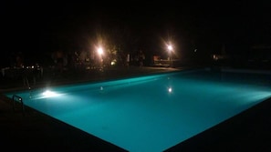 Seasonal outdoor pool, pool umbrellas, pool loungers