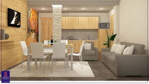 A modern kitchen with wooden cabinets, a stone pillar, and a dining area with white chairs and a table. - Relais Fior di Bosco (Folgaria)