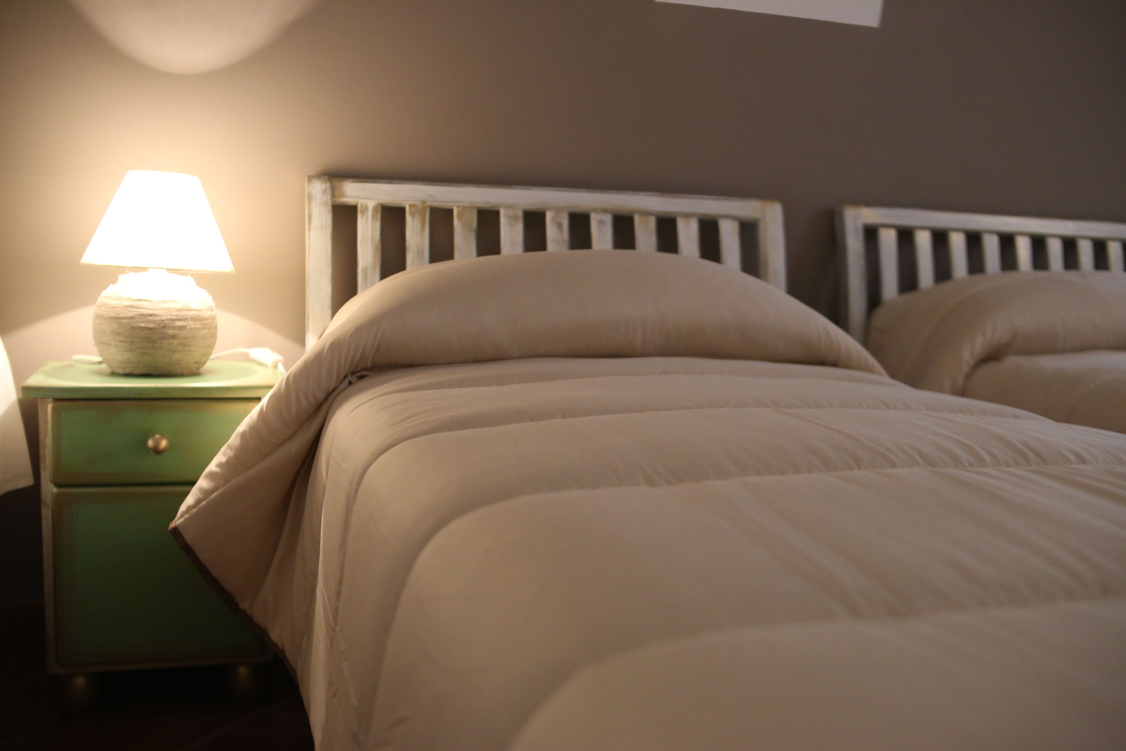 A bedroom with two beds, a nightstand with a lamp, and a green drawer unit.