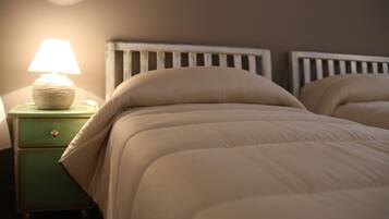 A bedroom with two beds, a nightstand with a lamp, and a green drawer unit.