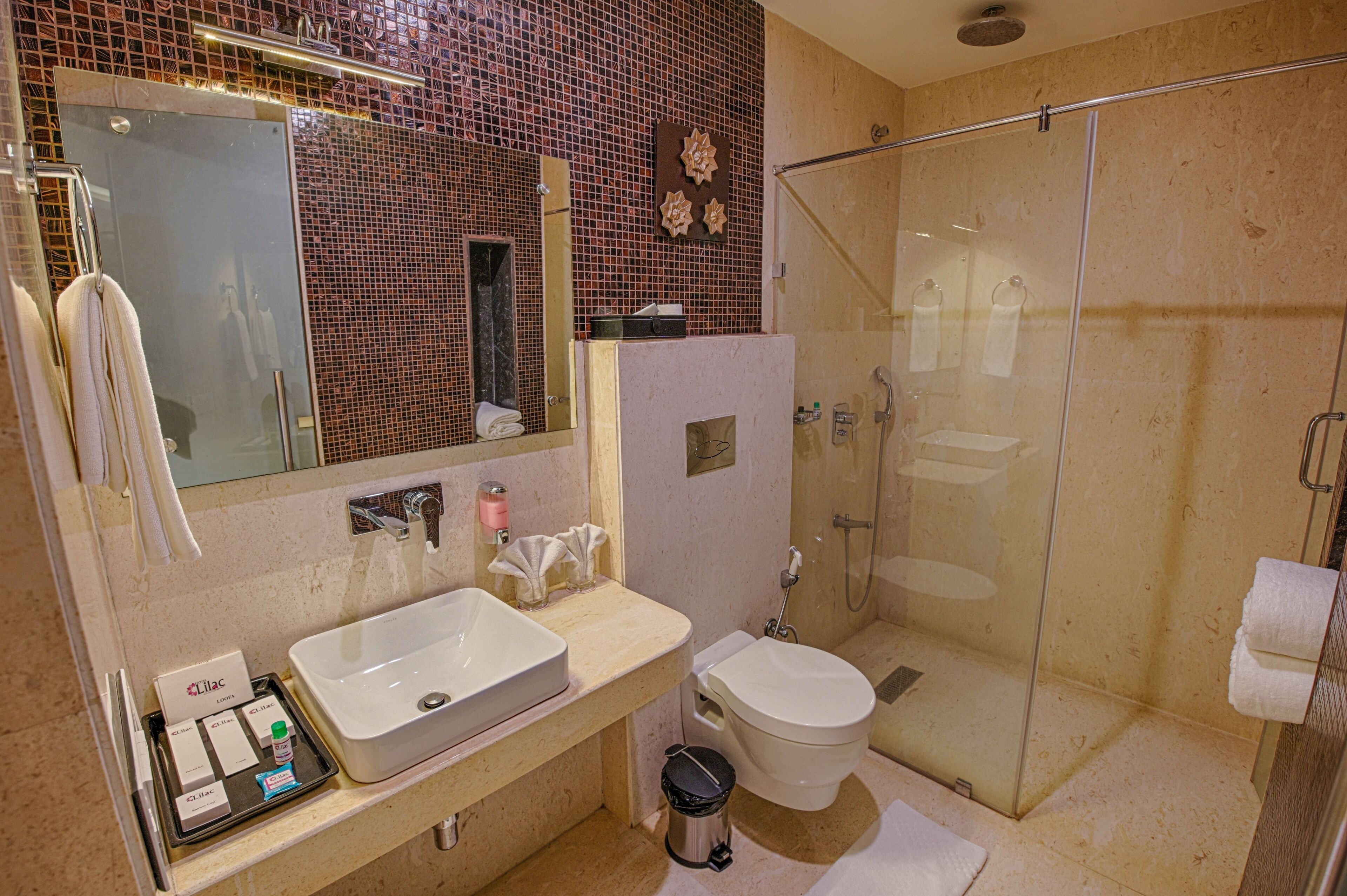 A bathroom with a sink, toilet, and glass-enclosed shower.