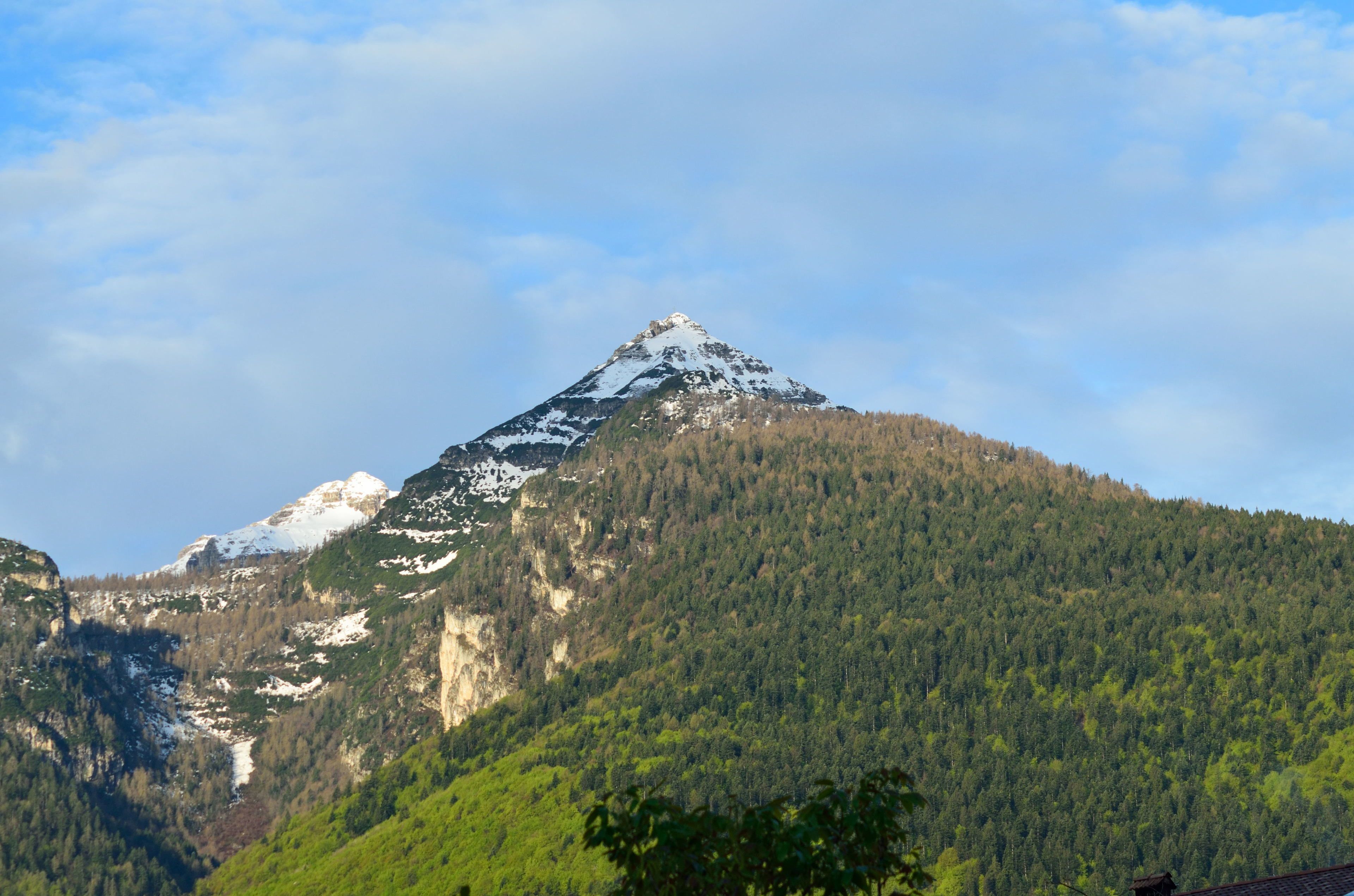 A mountain with a snow-capped peak and dense forest.