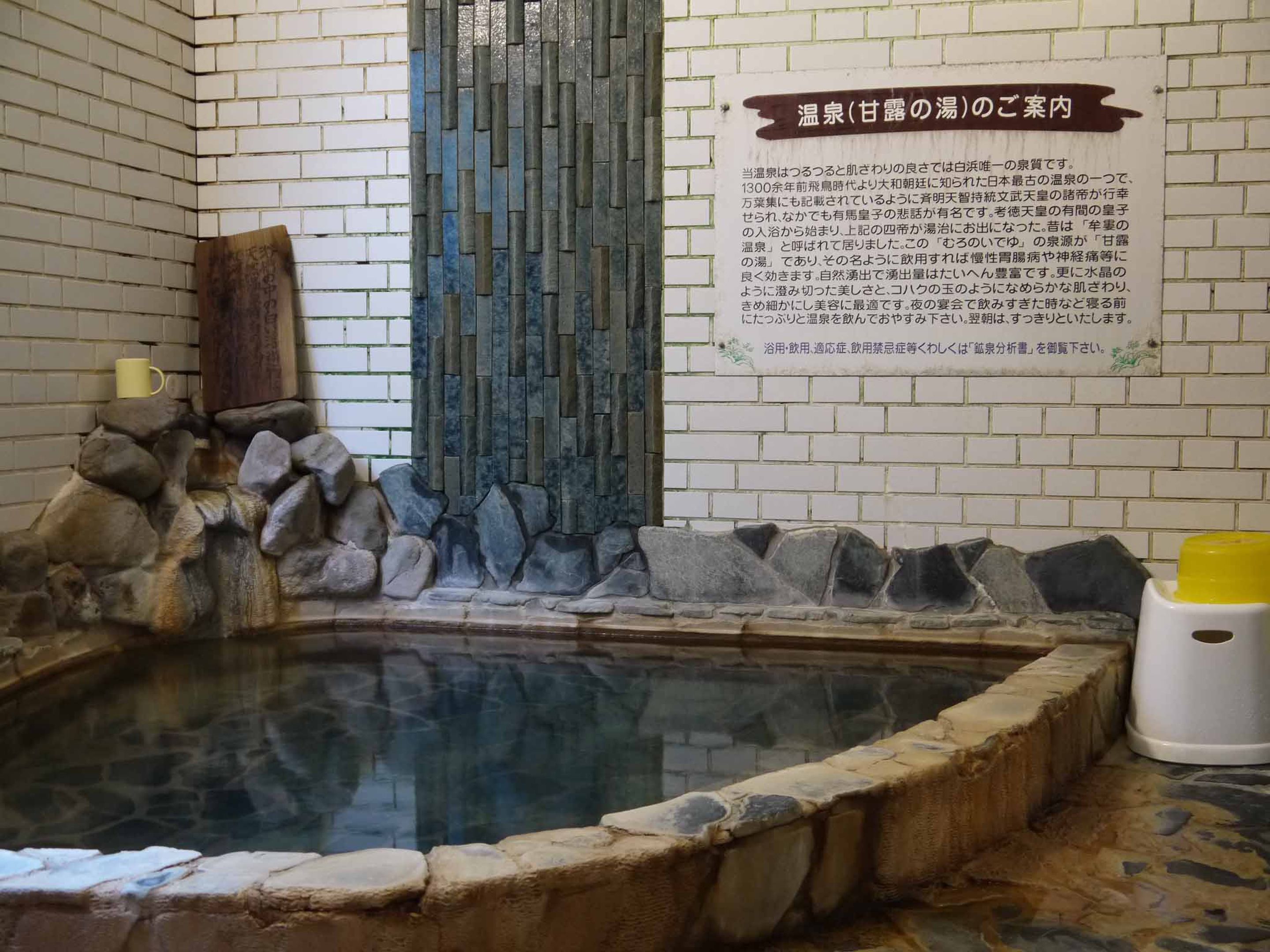 A traditional Japanese onsen with a stone bath surrounded by a tiled wall, a wooden door, and a stone wall with rocks.