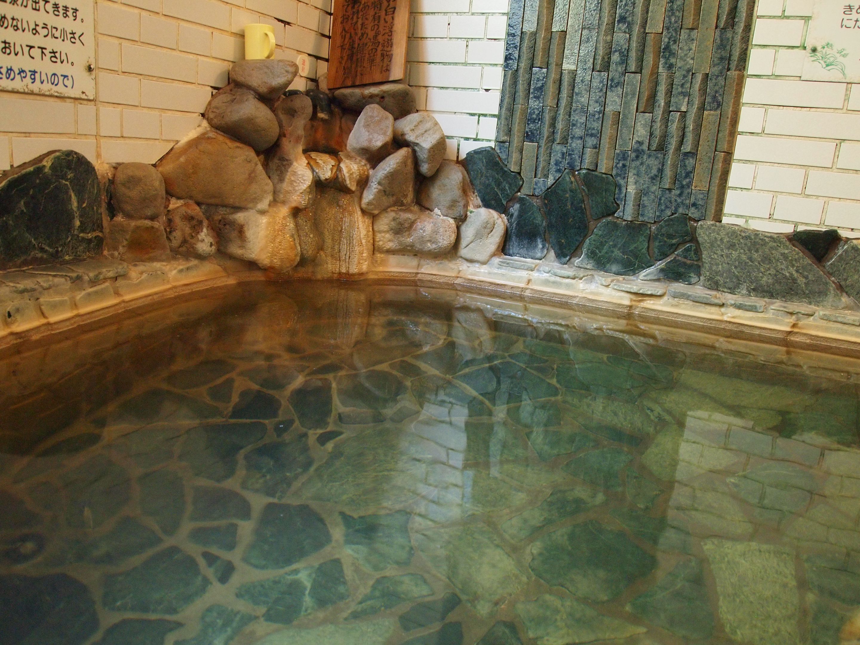 A stone-lined pool with a tiled edge and a brick wall in the background.