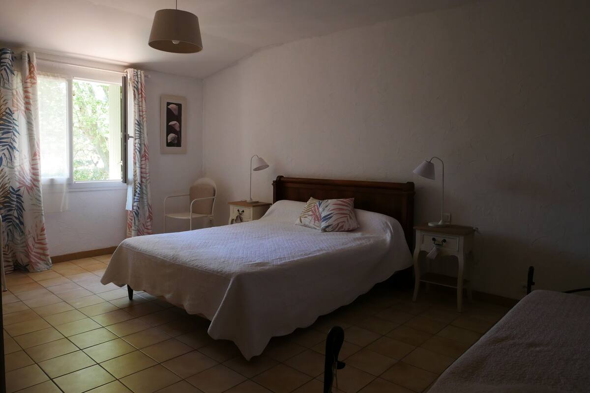 A bedroom with a single bed, a chair, a bedside table, a lamp, and a window with curtains.