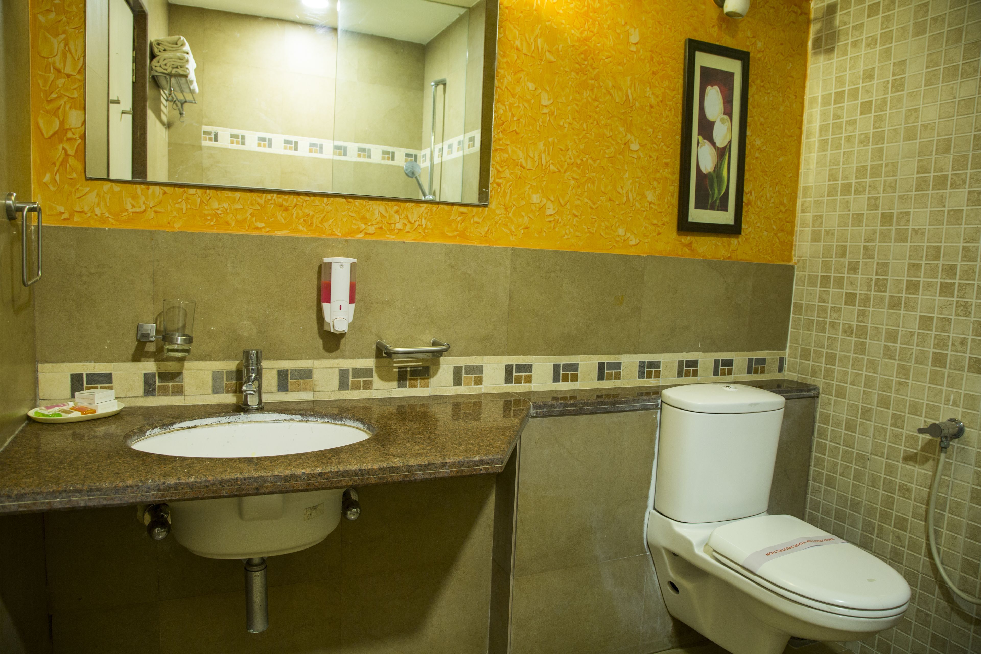 A bathroom with a sink, toilet, and a mirror.