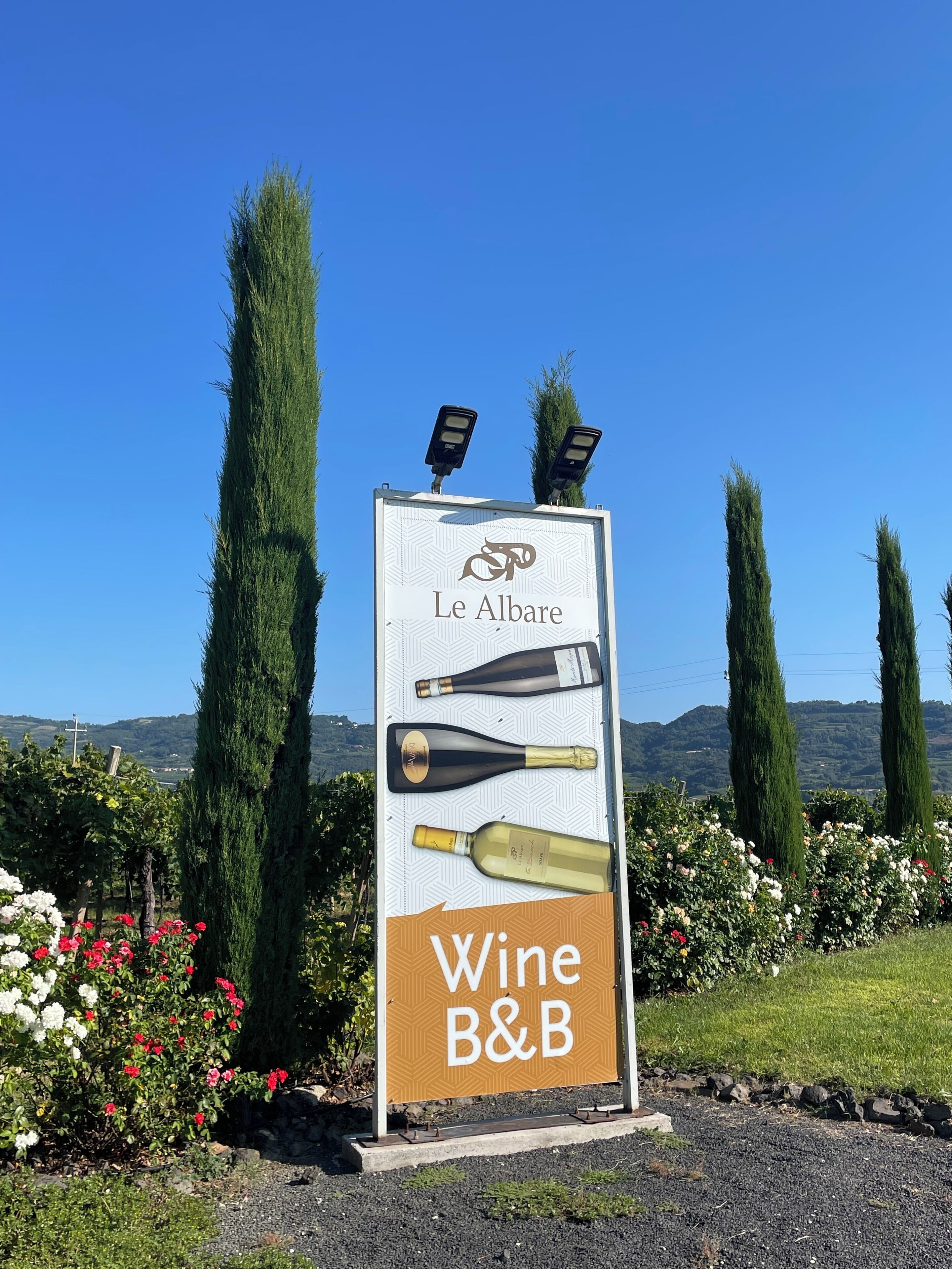 A sign for Le Albare Wine B&B with a scenic view of hills and cypress trees in the background.