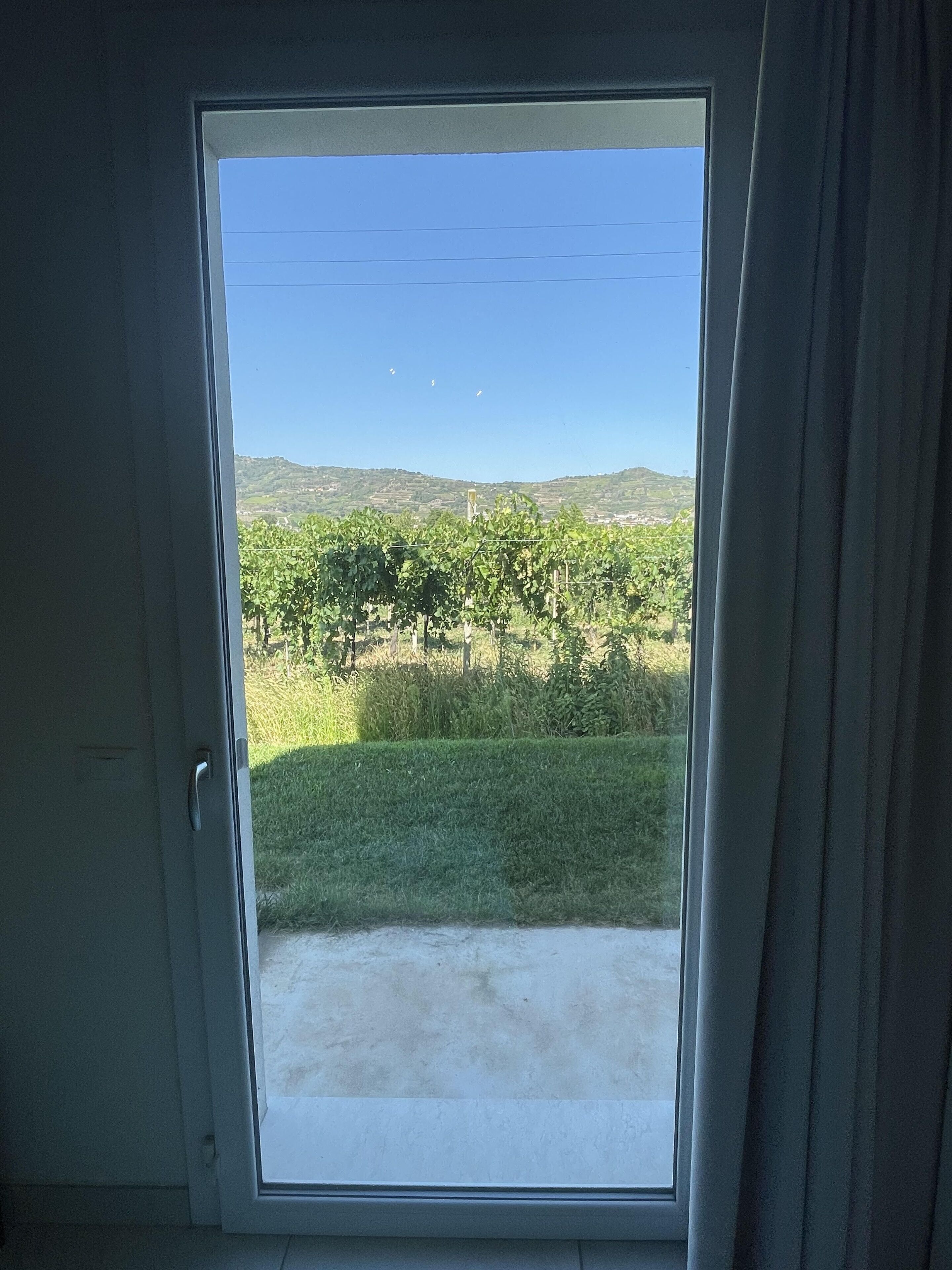 Vista a través de una puerta, cielo despejado y un paisaje con vegetación y colinas.