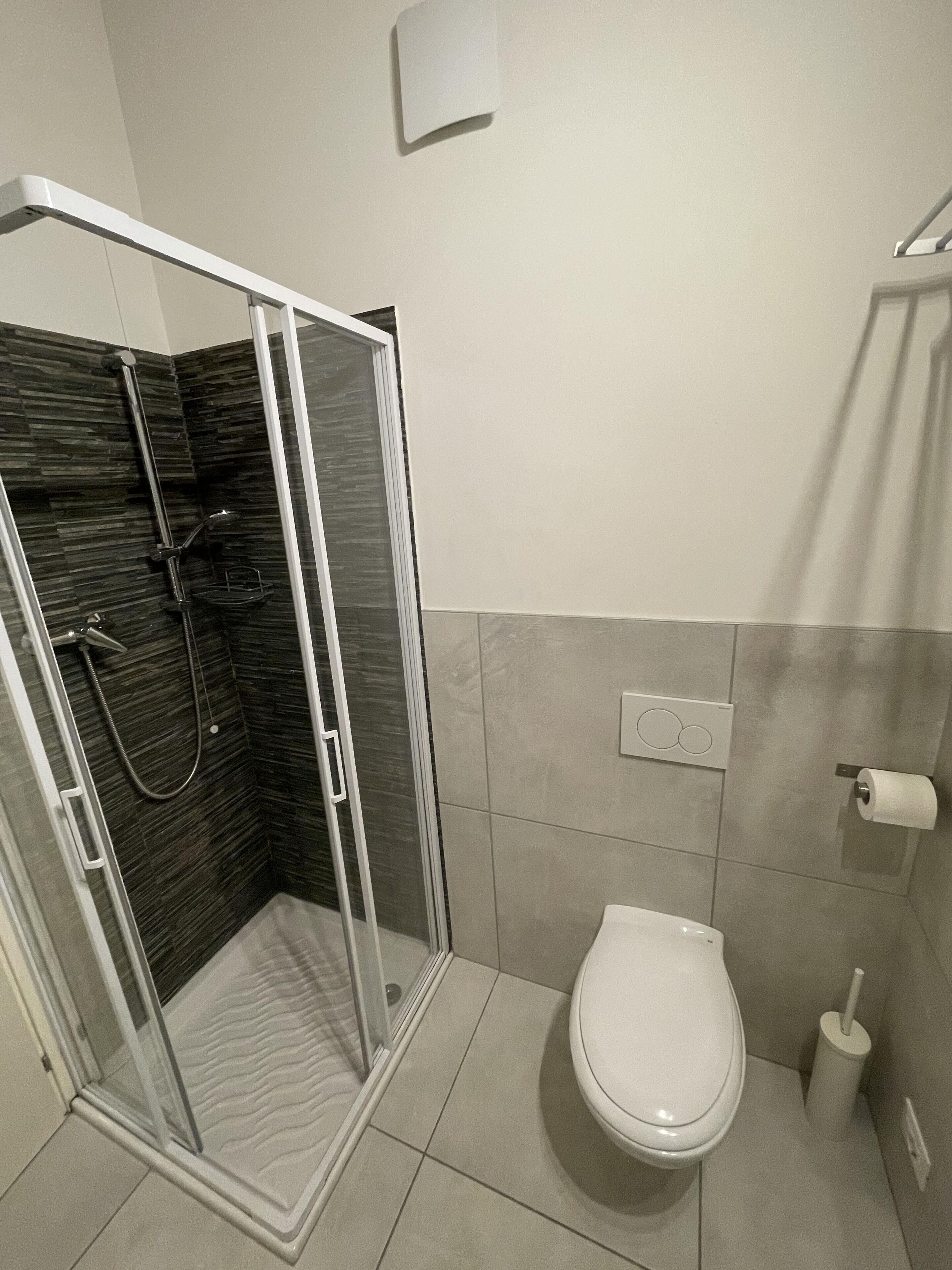 A bathroom with a glass-enclosed shower, a toilet, and a towel rack.