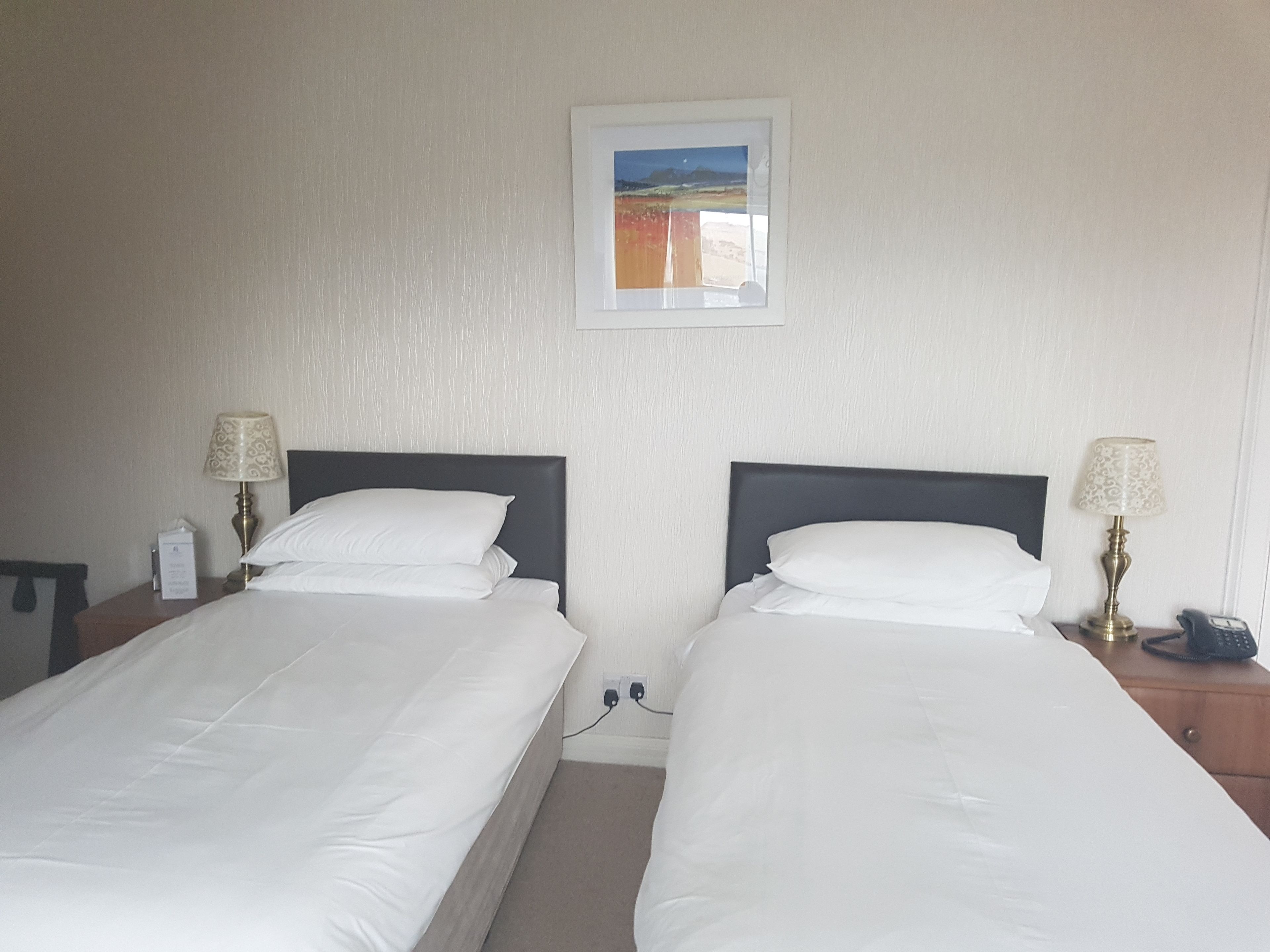 Quarto de hotel com duas camas, uma mesa de cabeceira com abajur, um quadro na parede e um telefone na mesa de cabeceira.
