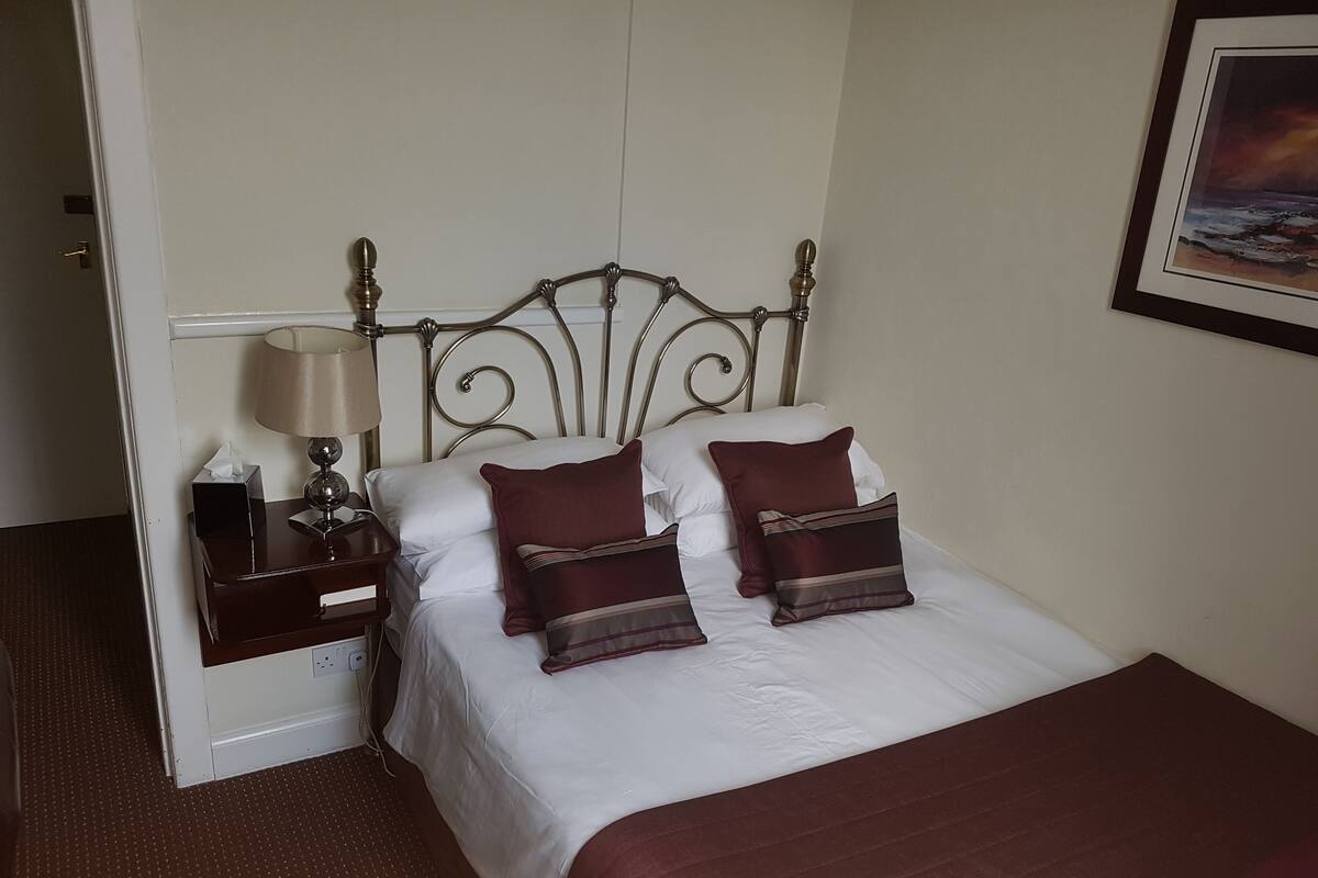 A neatly made bed with white linens and two dark red pillows, a bedside table with a lamp and a tissue box, and a framed picture on the wall.