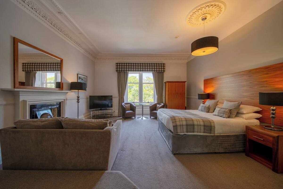A hotel room with a fireplace, a television, a bed, a sofa, and a desk.