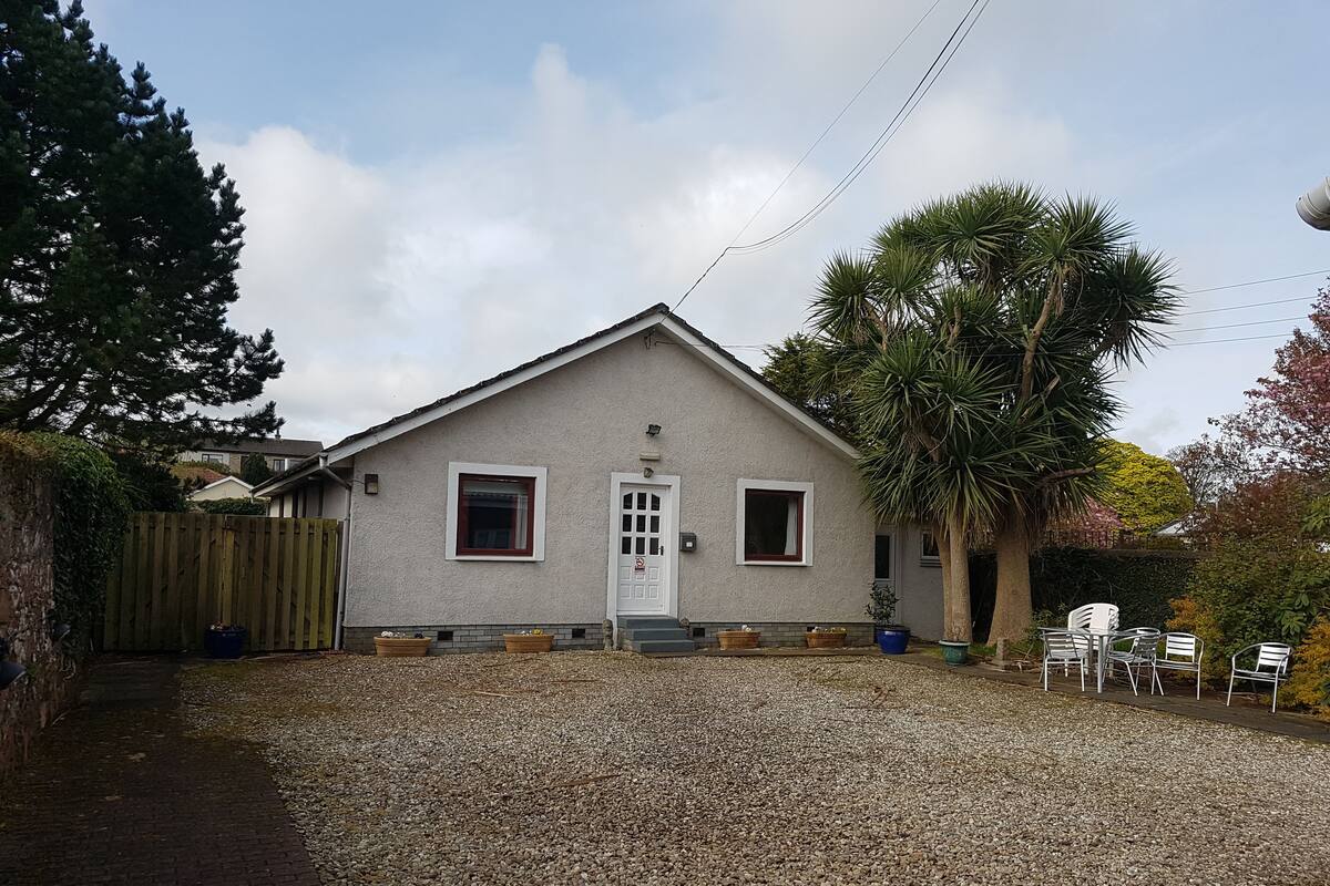 A single-story house with a gravel driveway, a wooden fence, and a palm tree.